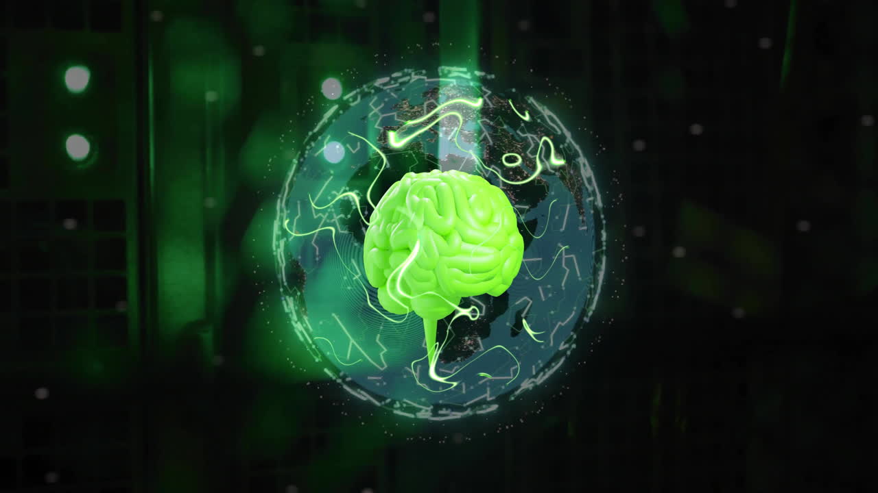 animación de un cerebro y procesamiento de datos en el fondo del globo