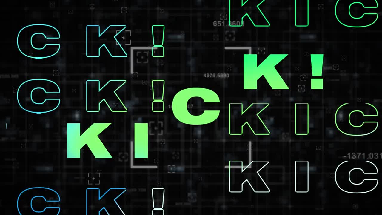 Animation of kick in green and blue text with scope and data processing on black background