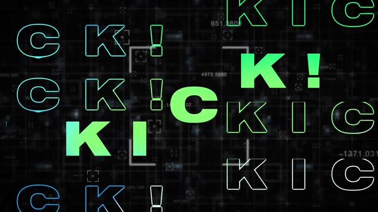 Animazione della parola 'kick' in testo verde e blu con effetto mirino ed elaborazione dati su sfondo nero.