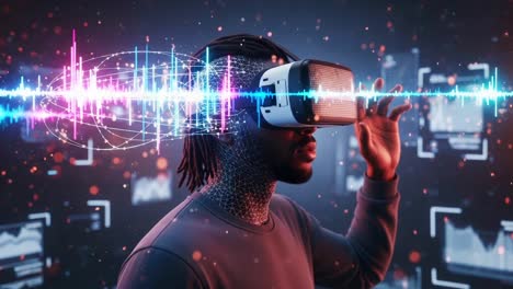 immersive virtual reality experience: a man engaged in cutting-edge technology with audio visualizations enhancing digital interactions