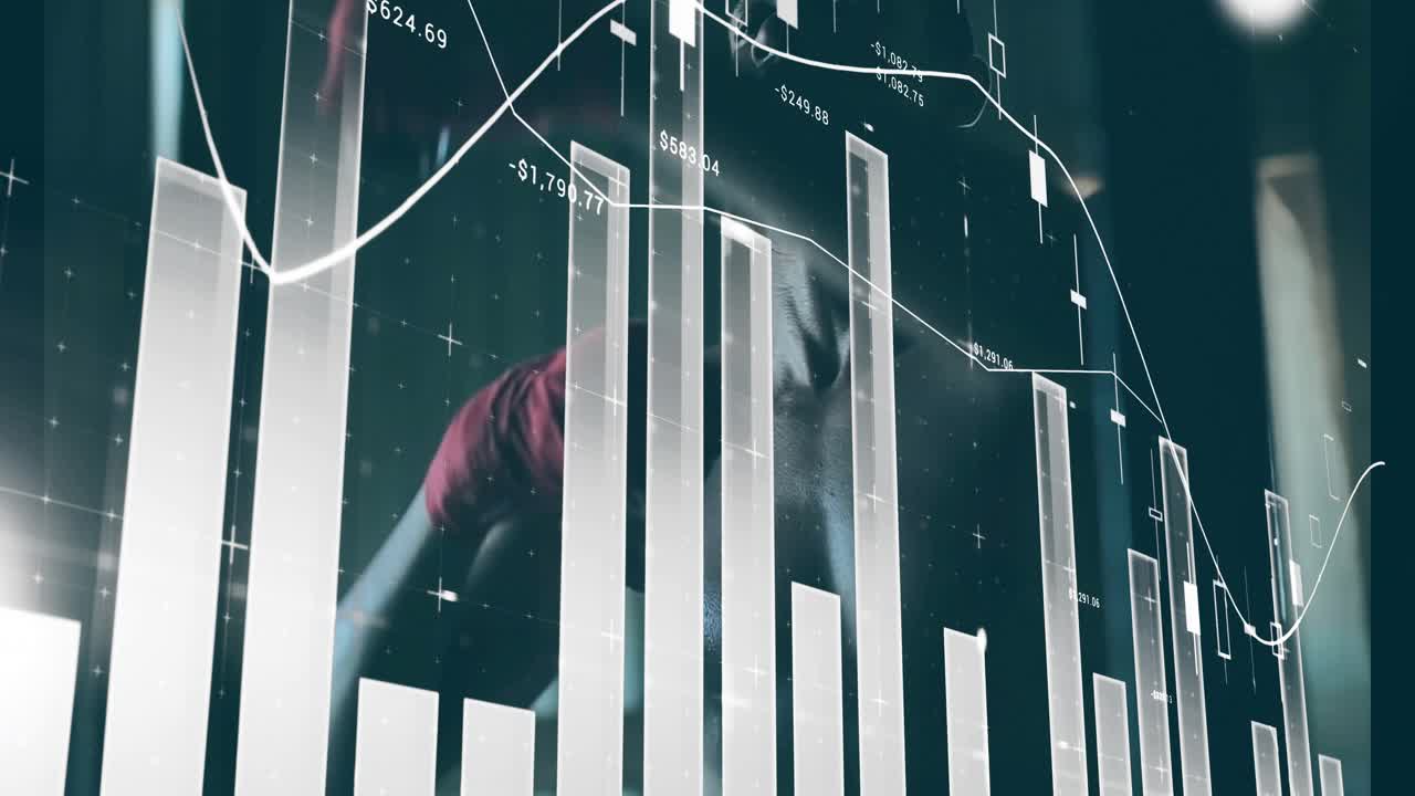 Man raising hand to transparent finance dashboard, swiping up on candlestick charts analyzing data