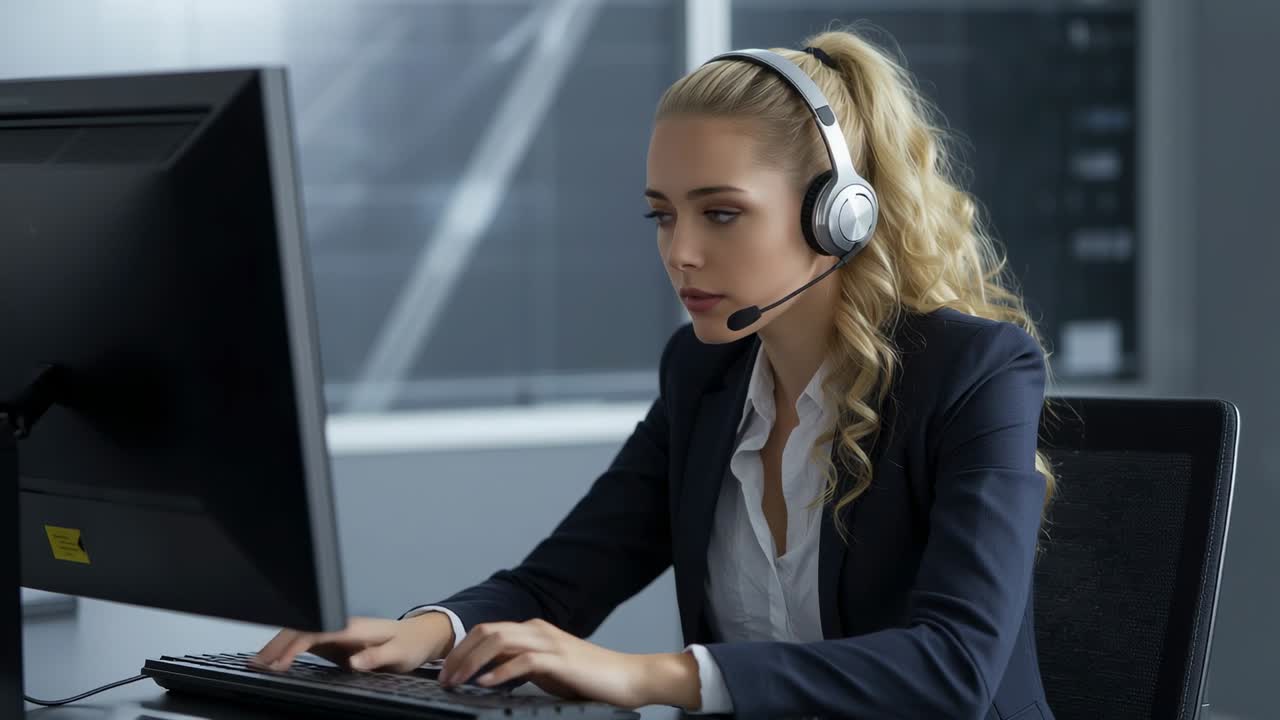 Receiving call, call center agent adjusting headset, speaking into mic and typing at office desk