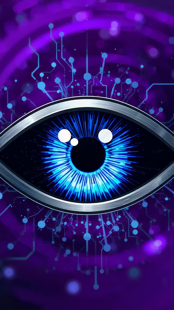 Vertical video: Pulsing mech eye shifting up as loop starts on purple circuitry, blue iris scanning