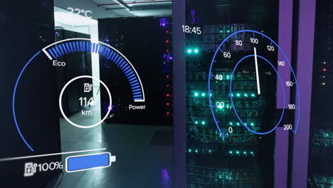 Animation-of-electric-car-dashboard-and-data-processing-over-computer-servers