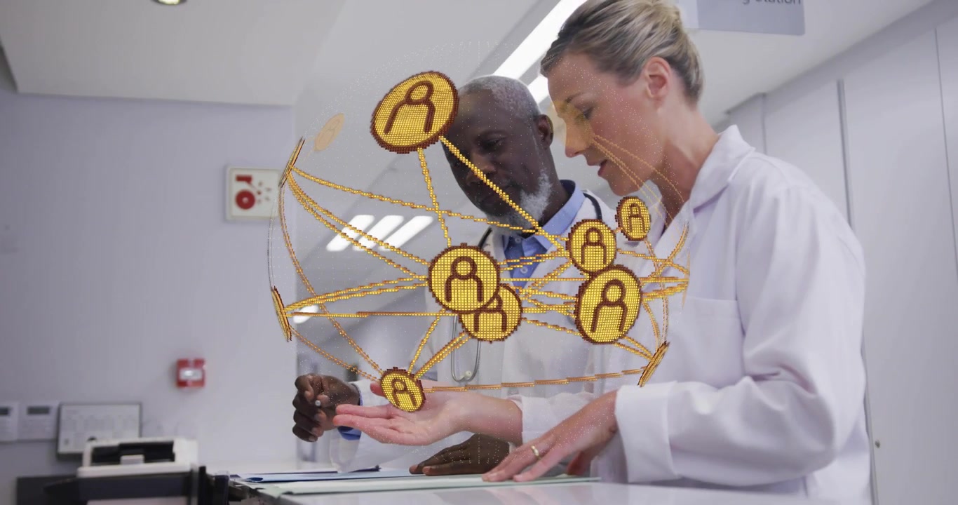 Woman doctor opening folder, network overlay emerging as doctors exchanging patient data