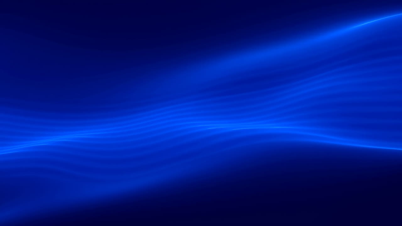 Ampia onda blu di nastri luminosi, delicato movimento ondulatorio su sfondo scuro, texture setosa, rilassante.