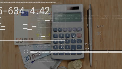 animation of data processing and banknotes over calculator