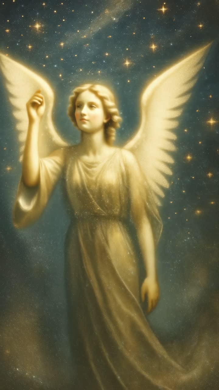 Ethereal angel in a starry sky, captured from a low angle