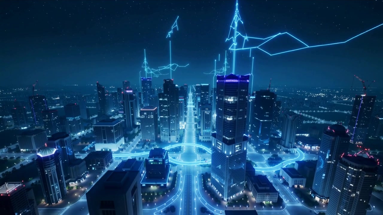 Pulse sparking downtown tracing cyan lines into ring up towers, forming network crowning magenta