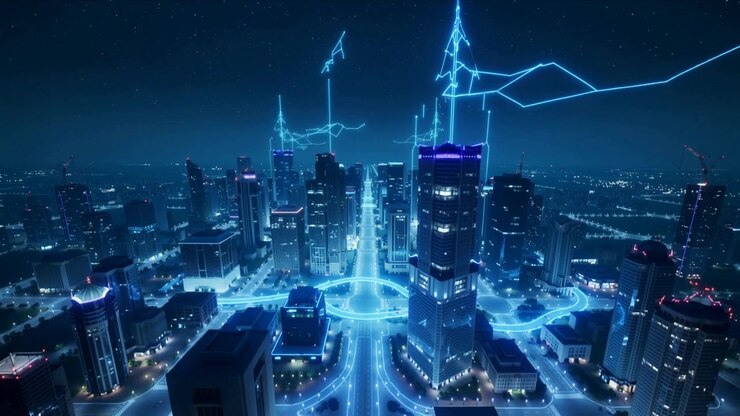 Pulse sparking downtown tracing cyan lines into ring up towers, forming network crowning magenta
