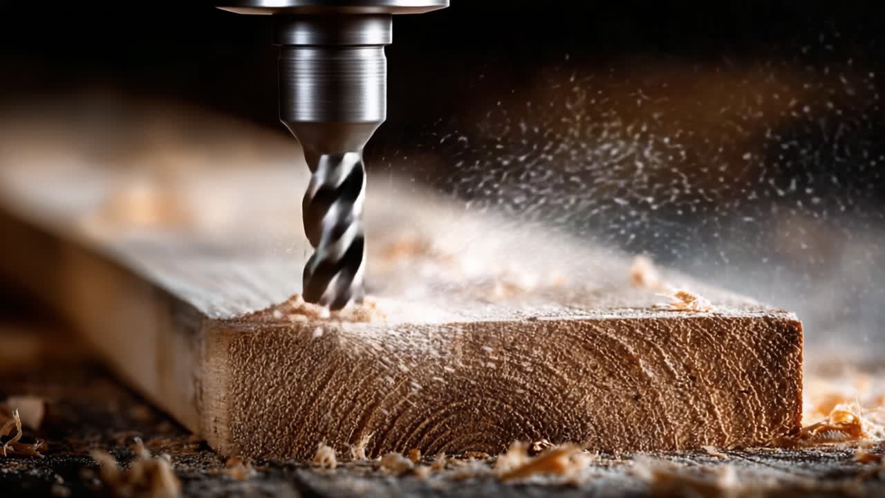 Primo piano di una punta da trapano che penetra una tavola di legno, mostrando l'intricato dettaglio dei trucioli di legno e il processo di perforazione che trasforma il legname grezzo in materiale lavorato.
