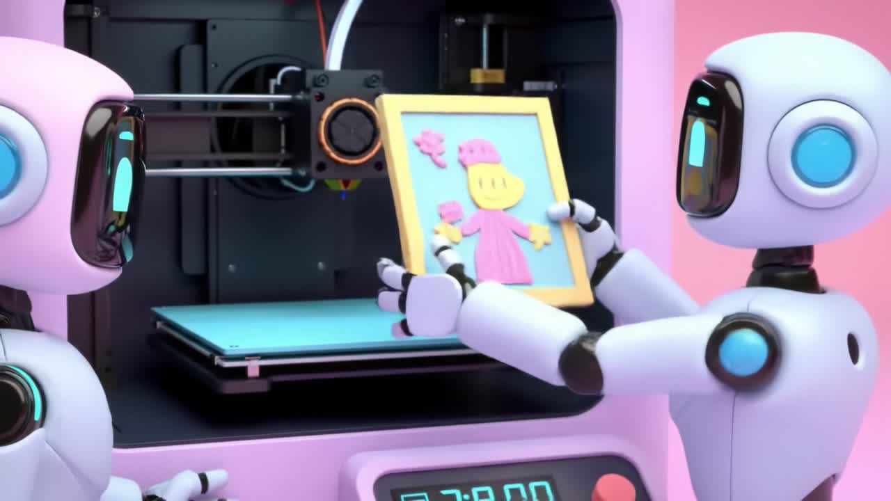 Two animated robots work together in a colorful workshop, operating a 3D printer. They exchange parts, showcasing teamwork and innovation in high-tech design.