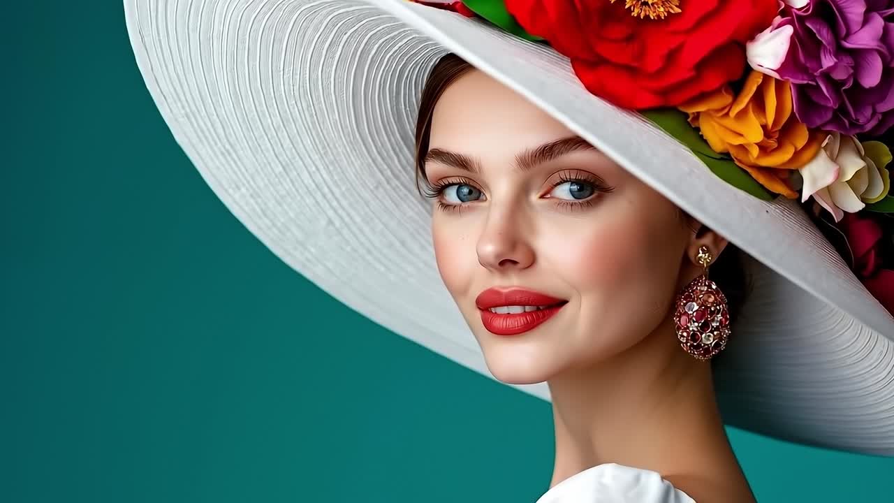 Una donna che indossa un cappello bianco con dei fiori sopra