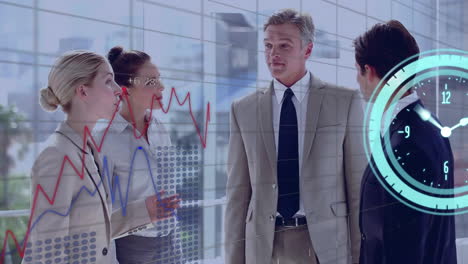 animation of graphs, clock and data over happy caucasian business people in discussion