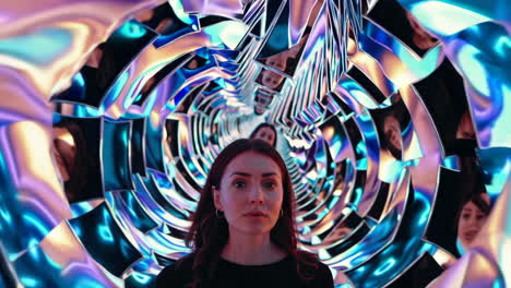 woman in a kaleidoscopic tunnel of reflections