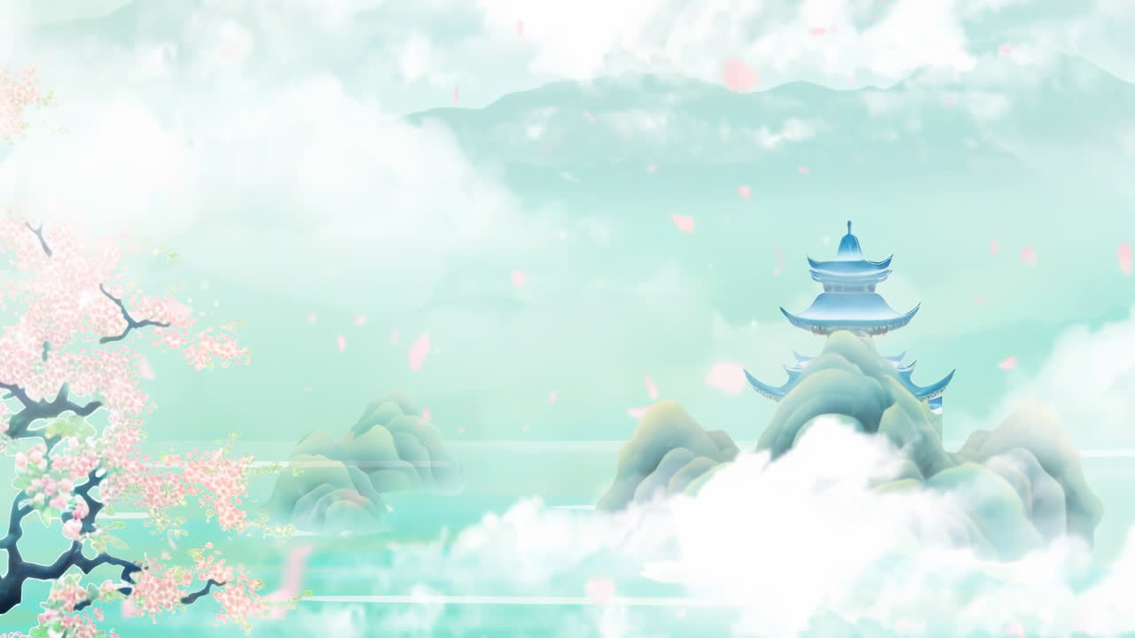 신비로운 풍경: 중국의 전통적인 동양 디지털 예술 애니메이션, 중국 레트로 페인팅 잉크, 꽃, 나무, 새, 흐린 배경의 강