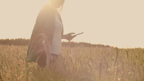 Close-up-of-a-woman-farmer-in-a-hat-and-a-plaid-shirt-touches-the-sprouts-and-seeds-of-rye-examines-and-enters-data-into-the-tablet-computer-is-in-the-field-at-sunset