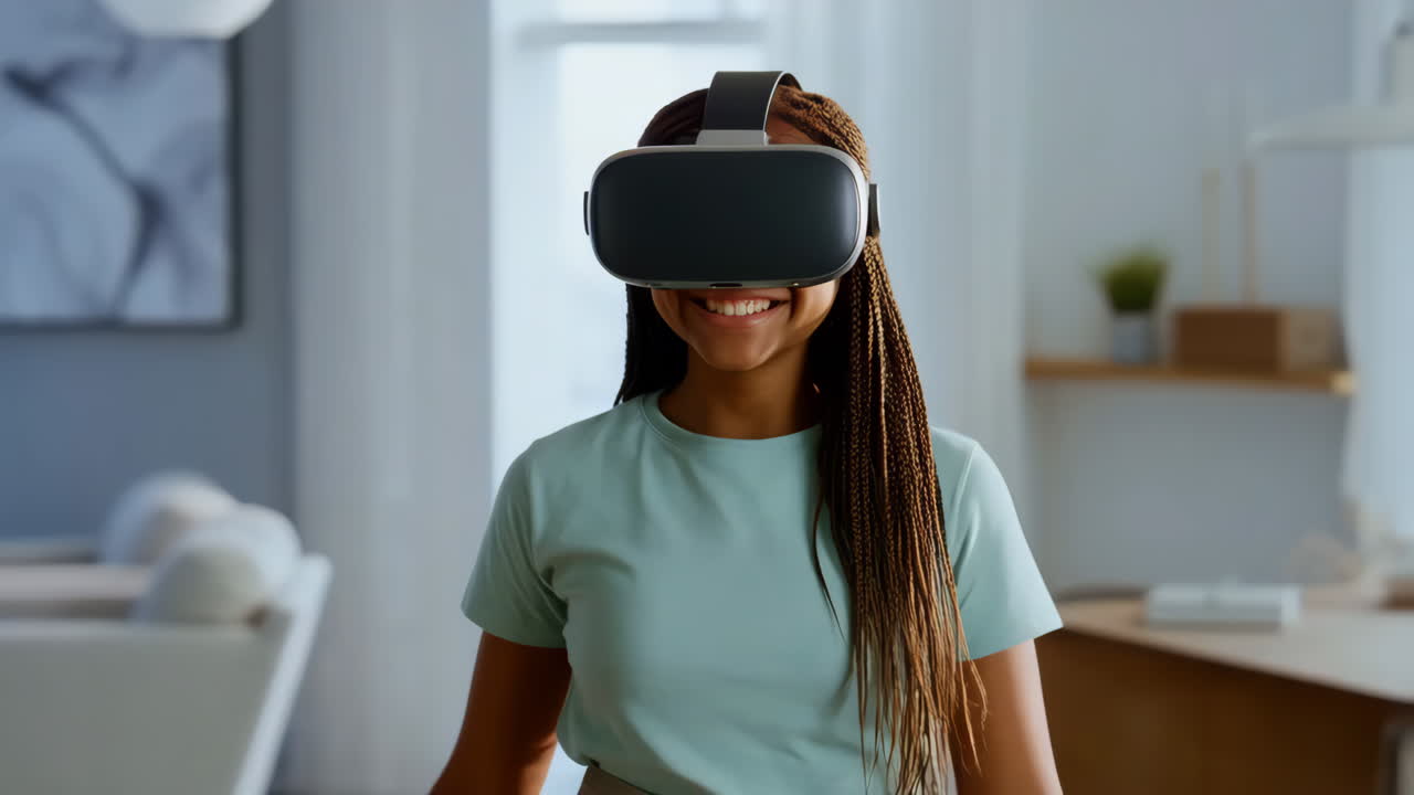Young woman having a joyful virtual reality experience