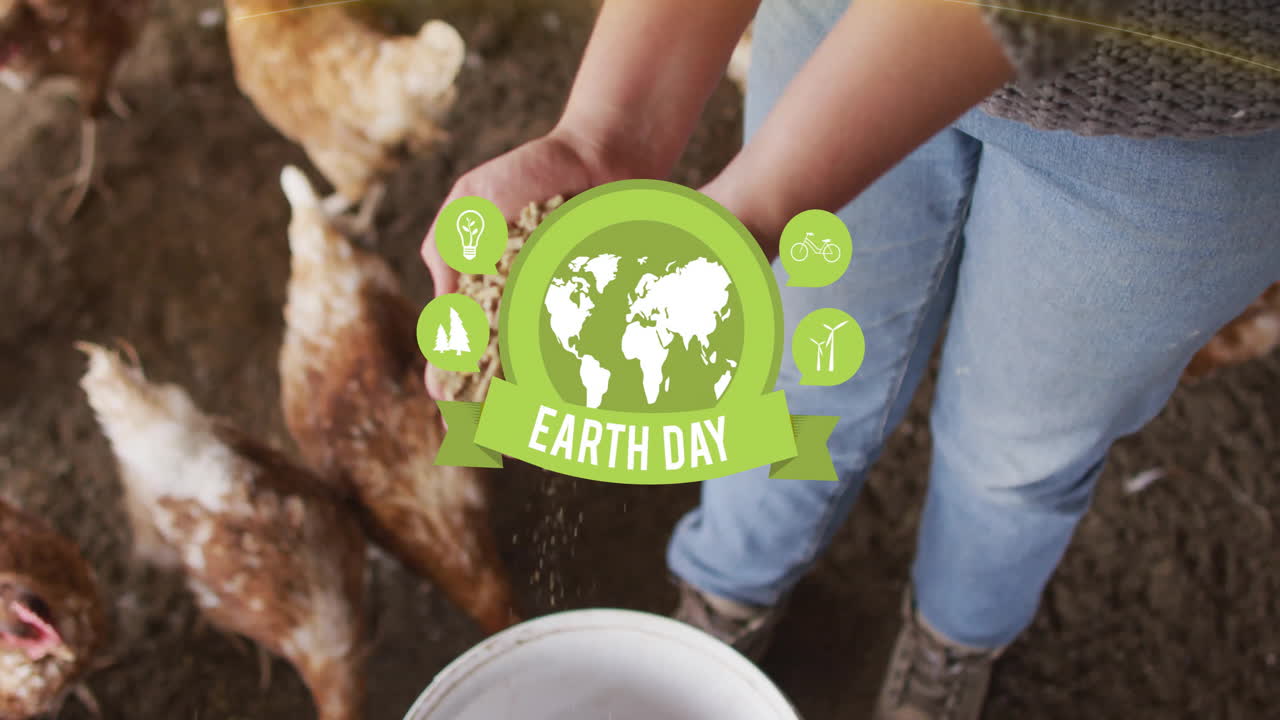 Feeding chickens, Earth Day animation with eco-friendly icons over scene