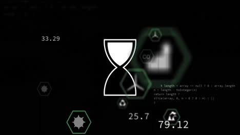 animation of ai data processing over hourglass icon and dark background
