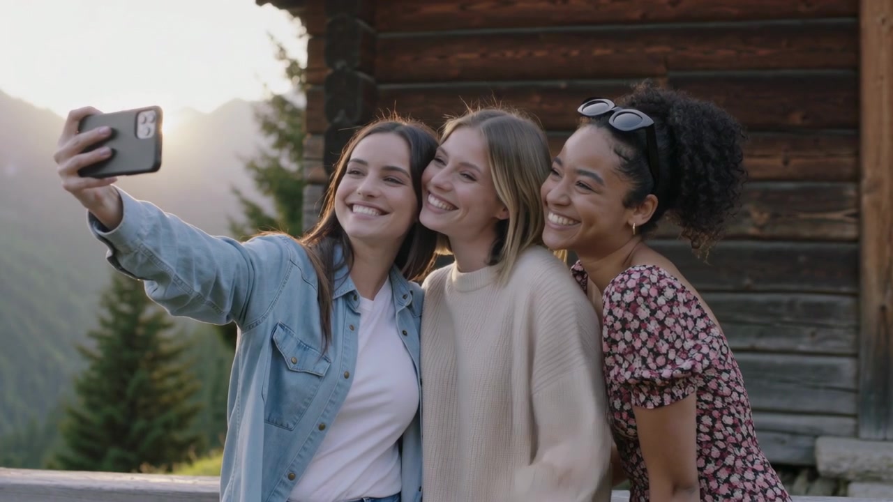 Kvinden til venstre strækker armen ud og holder telefonen, mens tre venner læner sig ind over kahytsrælingen og tager en selfie.
