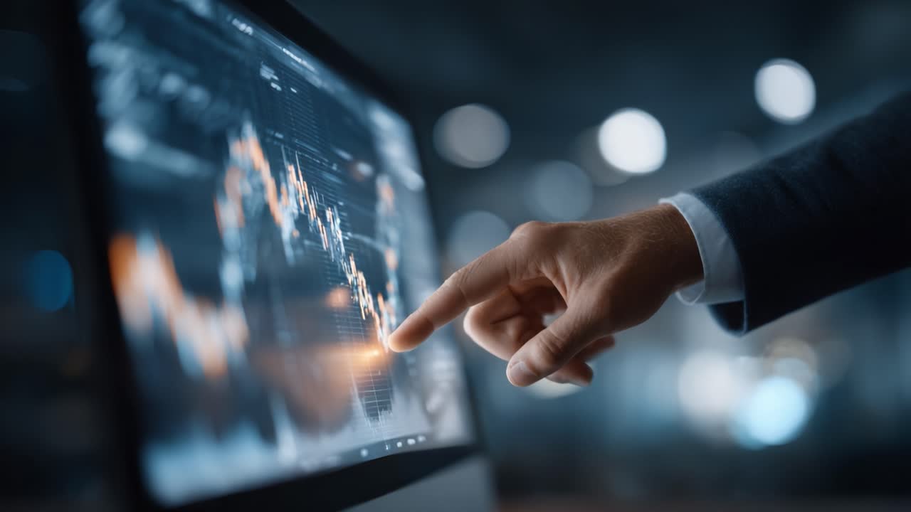 Analyzing Financial Trends: A Close-Up View of Data Visualization on a Computer Screen with a Hand Interacting to Reveal Market Insights