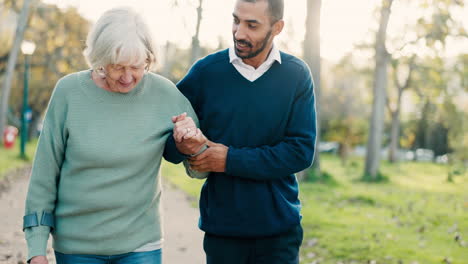 walk, crutch and man with his senior mother