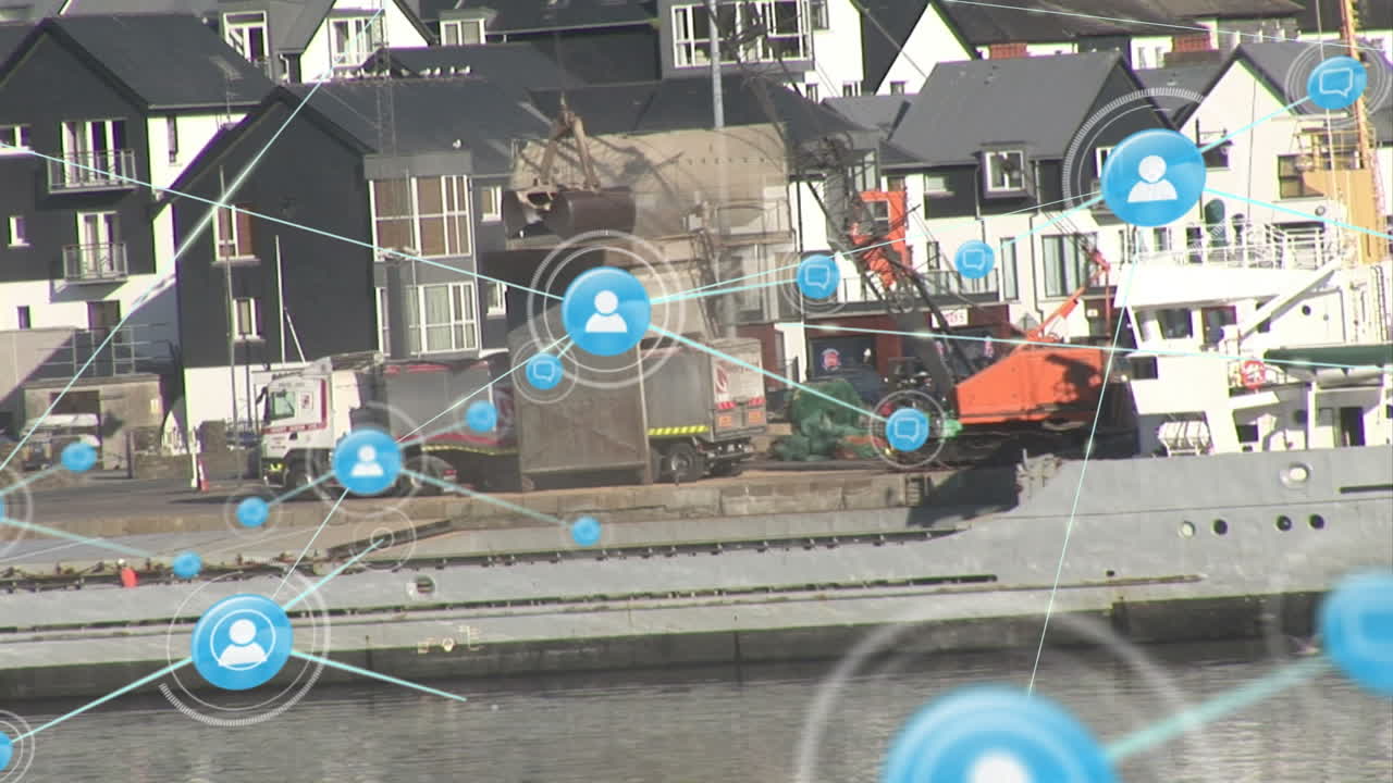 조선소 위의 아이콘과 연결 네트워크의 애니메이션