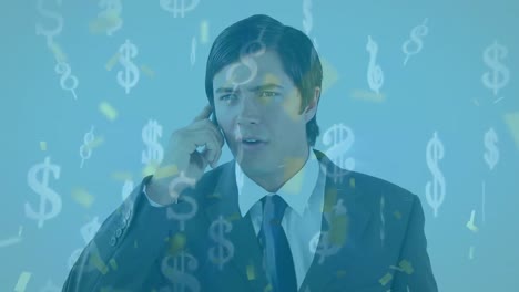 animation of dollar symbols over caucasian businessman talking