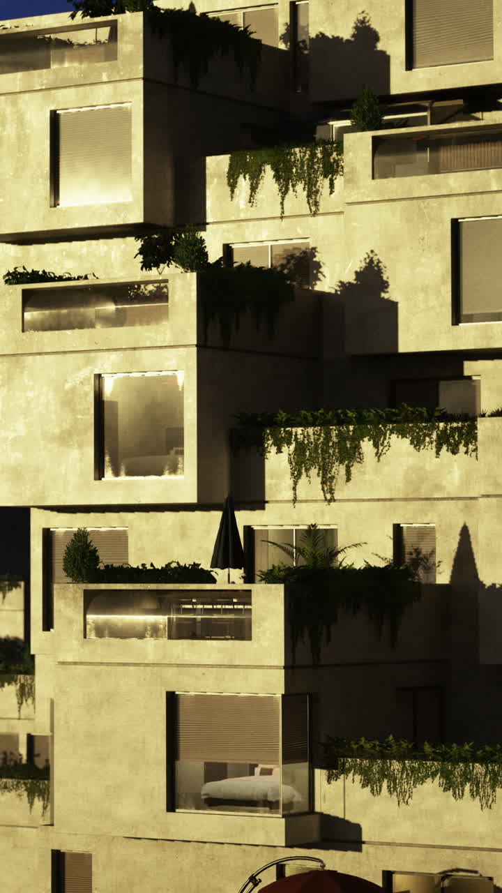 Design de arquitetura moderna com elementos verdes em um cenário urbano ao entardecer.