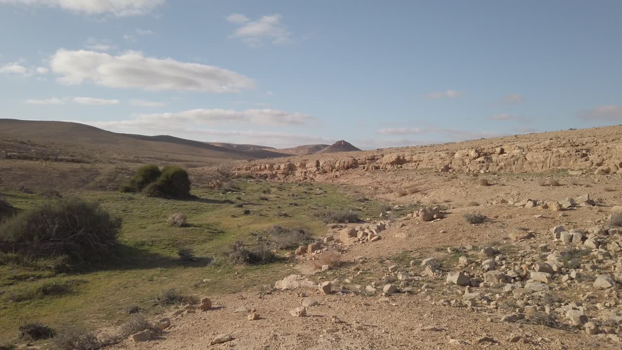Pan over green part of desert and dry part. Shows water flow in valley