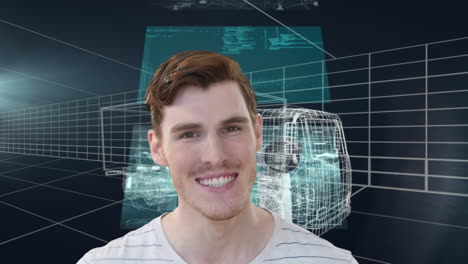 animación de un hombre caucásico sonriente y pantallas con datos sobre un modelo de dibujo 3d de camión y cuadrícula