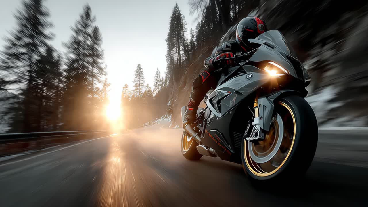 Mountain motorcycling adventurous ride on snowy roads