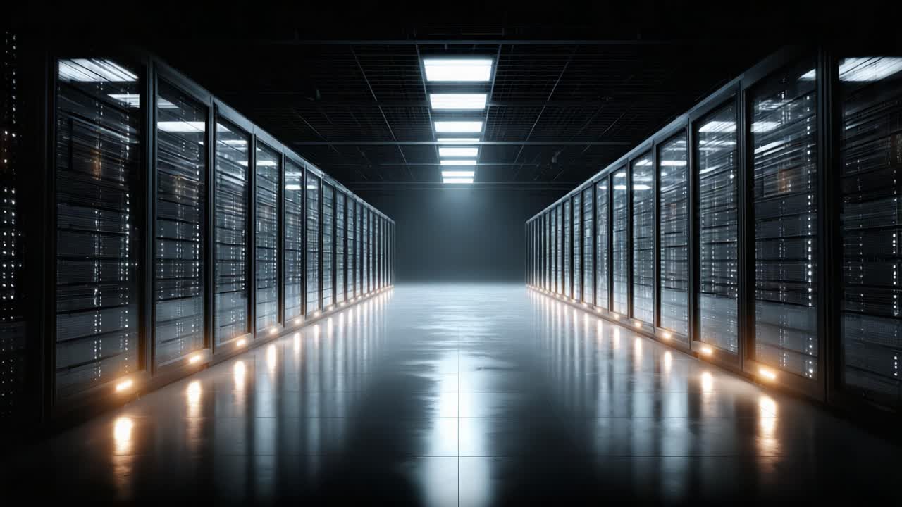 Una vista mozzafiato all'interno di un moderno data center: corridoi illuminati di rack di server ad alta tecnologia che mostrano infrastrutture e tecnologie all'avanguardia.