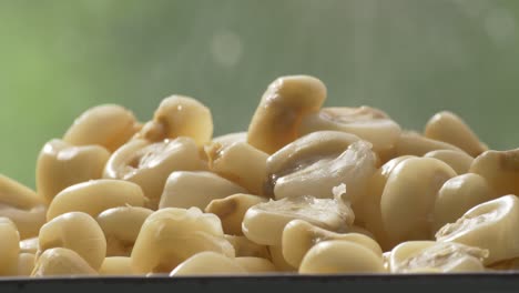 poniendo maíz choclo hervido en un plato para el ceviche peruano