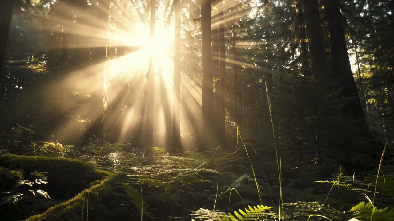 A luz do sol atravessa as árvores da floresta, capturada de um ângulo baixo, criando uma cena de vídeo serena