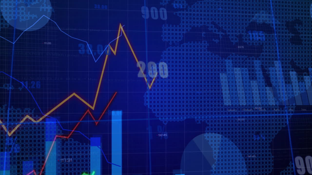 Digital data analytics dashboard being animated on blue grid, featuring bright line and bar charts