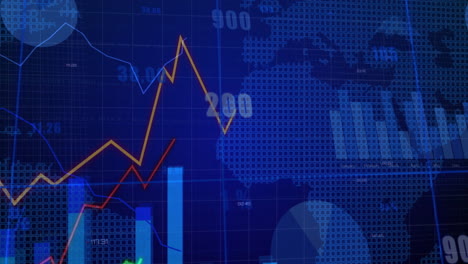digital data analytics dashboard being animated on blue grid, featuring bright line and bar charts