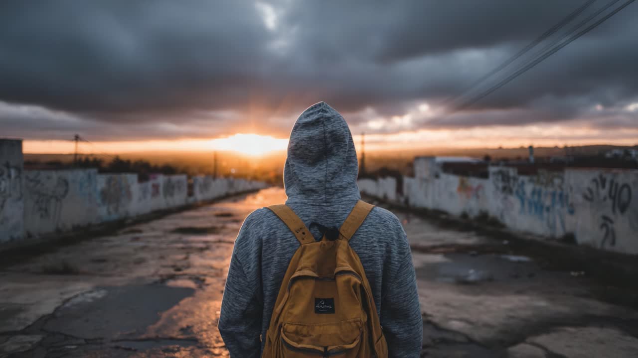 A solitary figure in a gray hoodie stands on a deserted road, gazing at a vibrant sunset breaking through ominous clouds, reflecting quiet contemplation and adventure