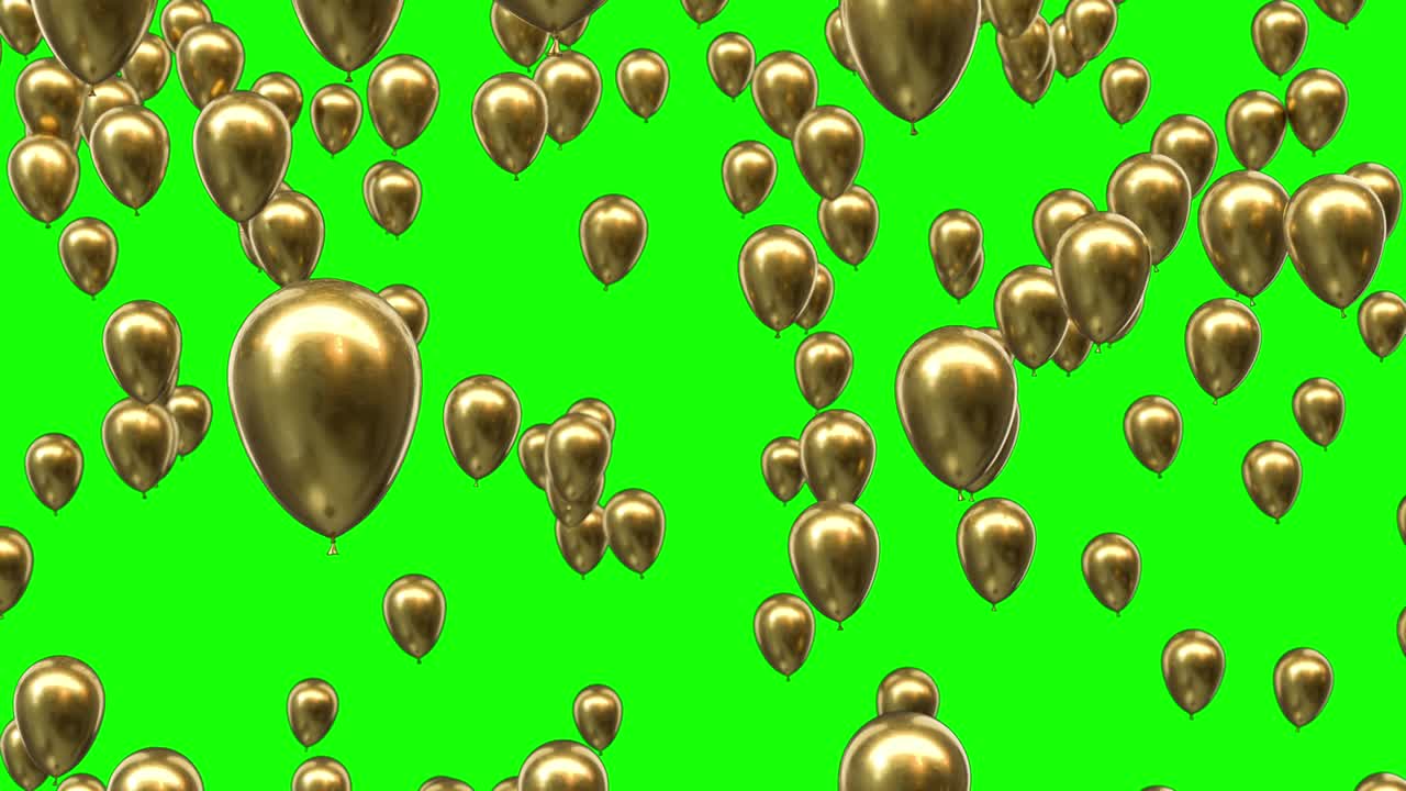 Flying Golden Helium Balloons from Bottom to Top and Disappear isolated on Green Screen Background 4K