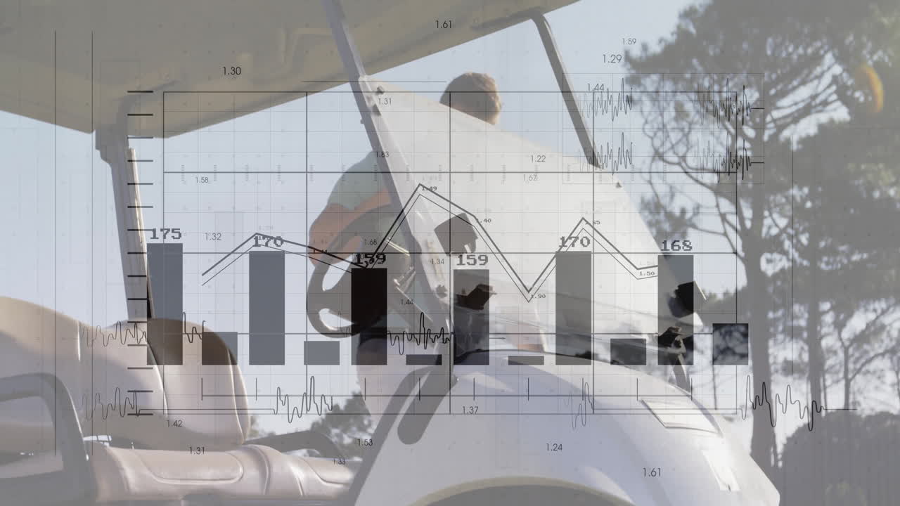 Man driving golf cart outdoors, displaying tech bar charts line graphs and waveform data overlays