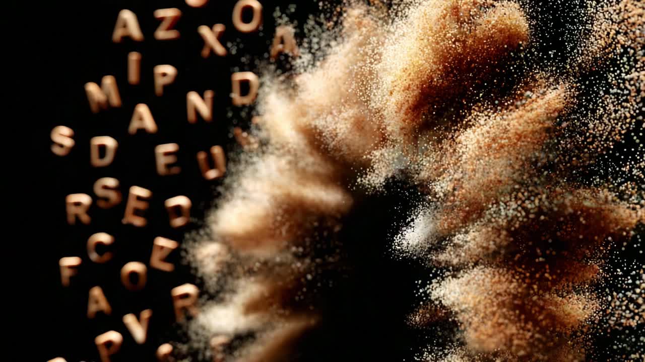 A Creative Representation of Motion and Text, Featuring Floating Letters Intricately Blending with a Textured Dusty Surface, Capturing the Essence of Language and Expression