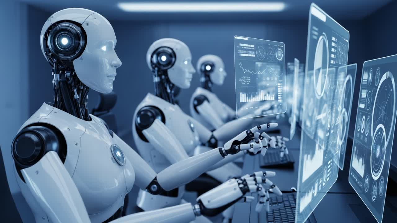 Advanced Robotics in Action: A Group of Humanoid Robots Analyzing Data on Transparent Screens Inside a Modern Technical Environment