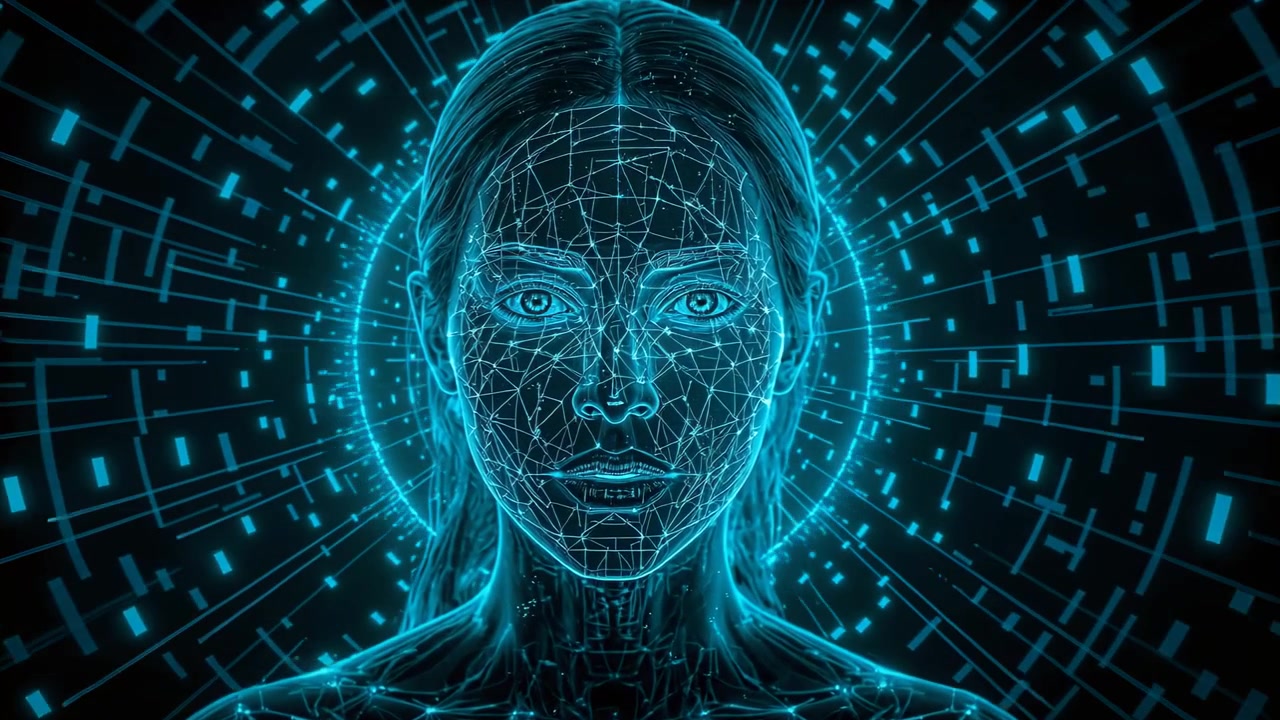 Elaborazione dati, impulso, busto femminile sintetico in mesh con nodi pulsanti, alone che forma anelli radianti in VR.
