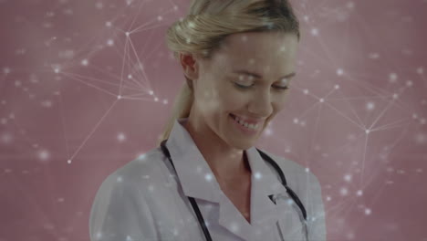 animation of network of connections with data processing over caucasian female doctor in hospital