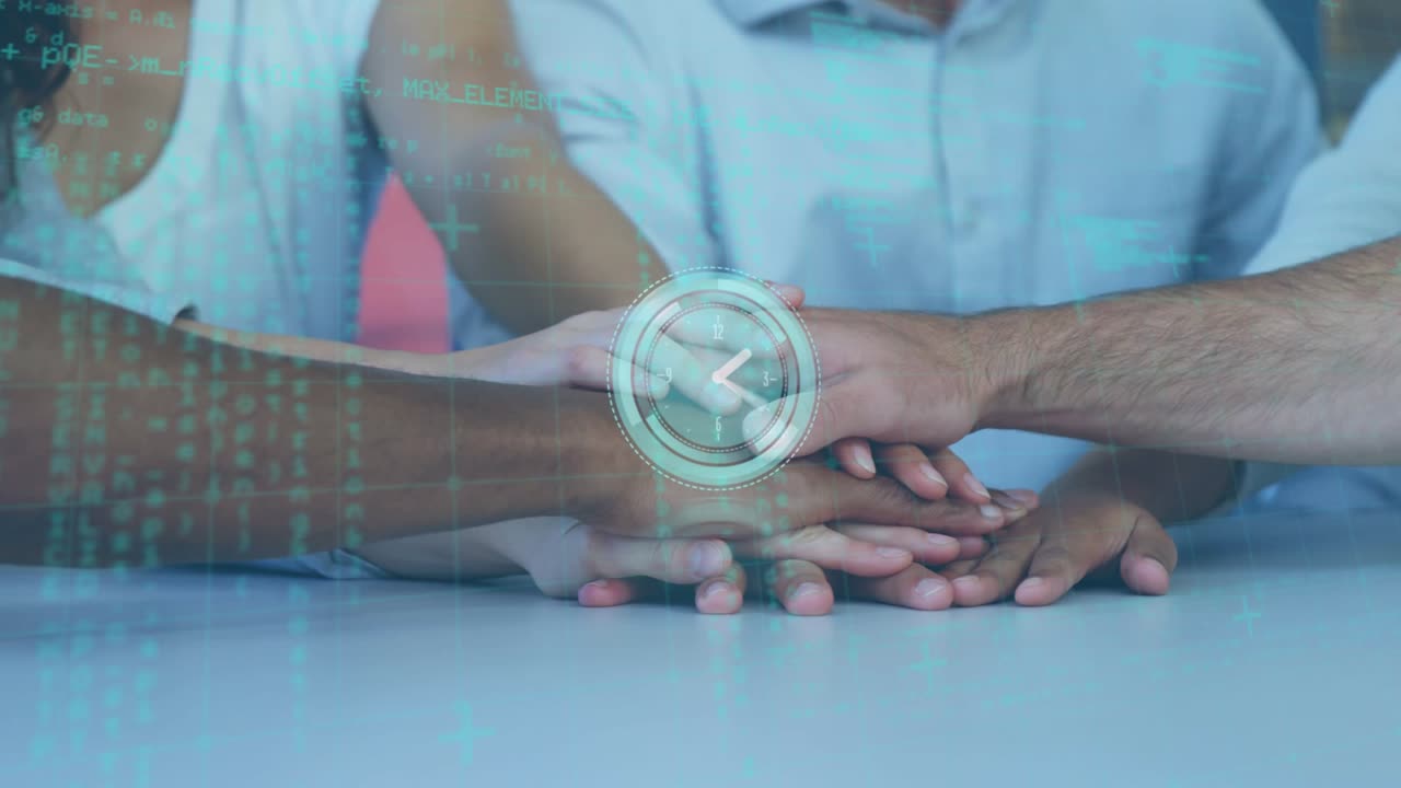 Animation of data processing and clock over diverse business people teaming up
