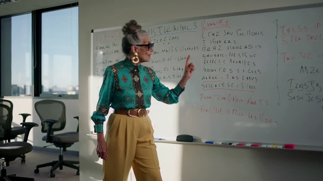 Mulher idosa entrando na sala apresentando um quadro enquanto marcas brilham acompanhando apontar explicando negócios