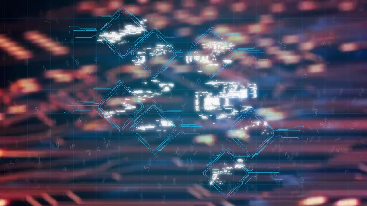 Animation of digital security icons overlaying network connections on blurred background