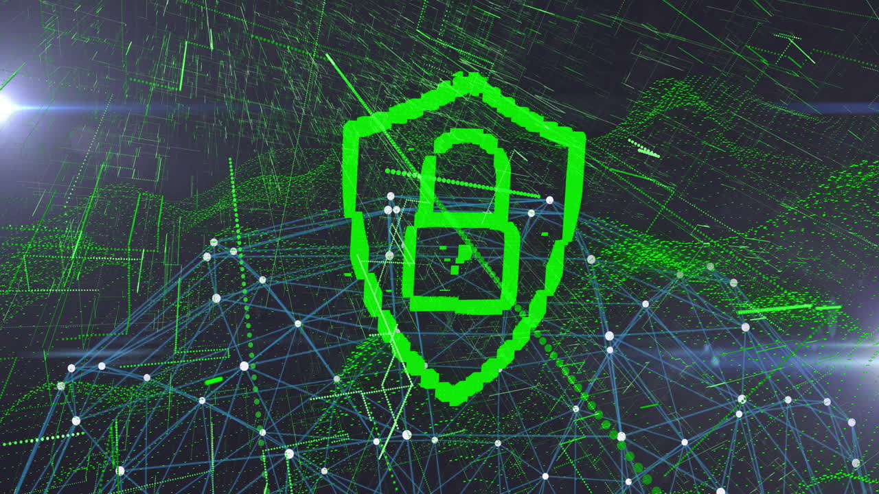 Green digital lock and shield over network connections and data processing animation