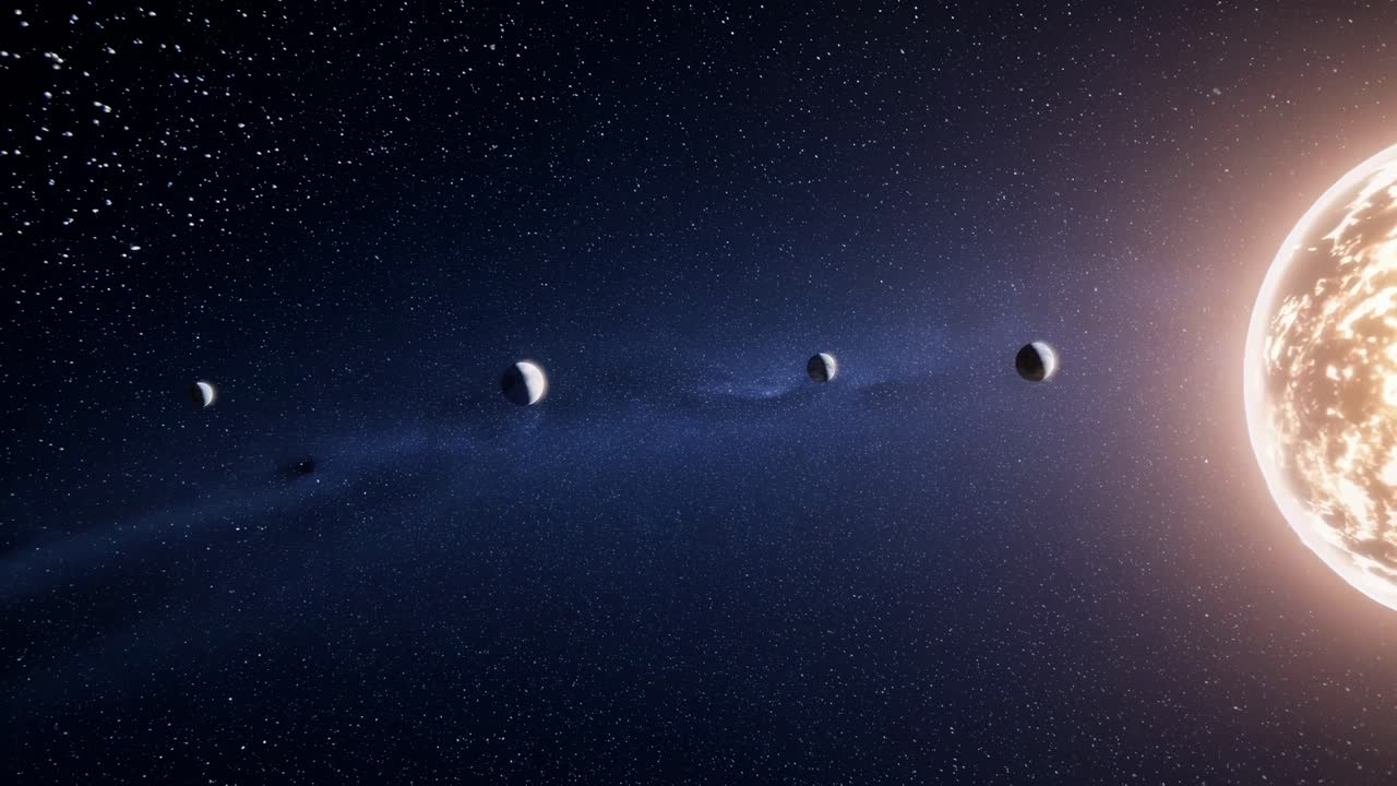 A cinematic video scene of planets aligned in space, captured from a wide-angle perspective